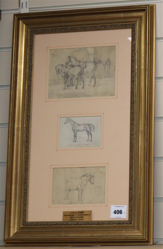 Three pencil drawings of horses and ponies, inscribed in German, in single frame bearing label